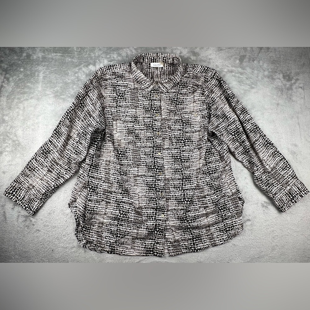 Calvin Klein Dress Shirt Womens 2X B&W Long Sleeve Button Roll Tab Sleeve